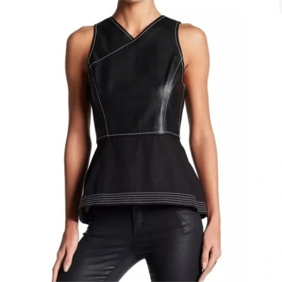 BCBGMAXAZRIA BLACK LUELLA FAUX LEATHER PEPLUM TOP SIZE SMALL NWOT - Picture 1 of 8
